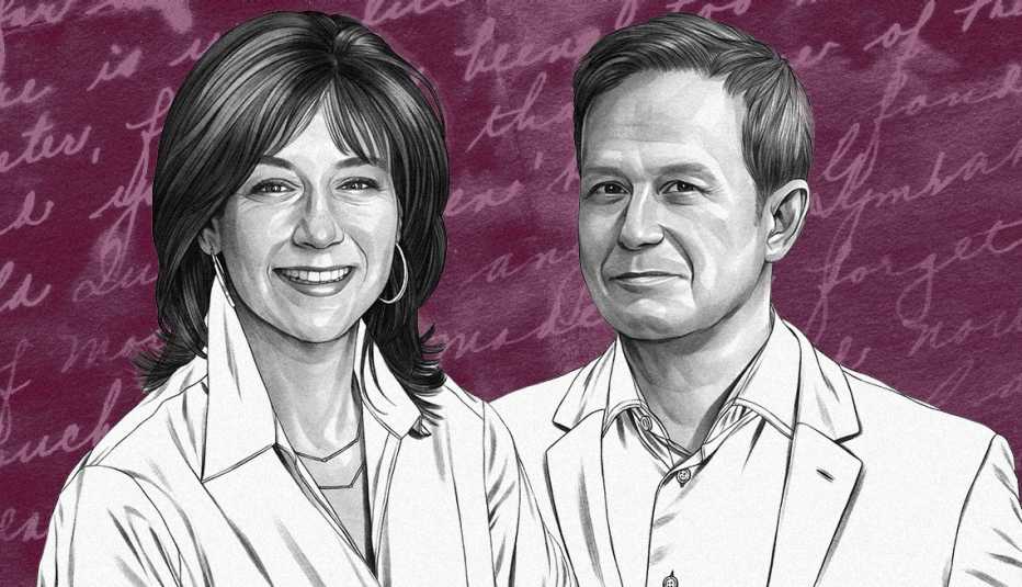 Illustrations of Stephen Perrine and Heidi Skolnik in front of a dark pink background with cursive writing.