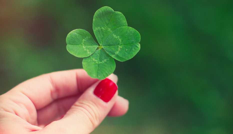 a hand with red nail polish holding a four leaf clover a hand with red nail polish holding a four leaf clover