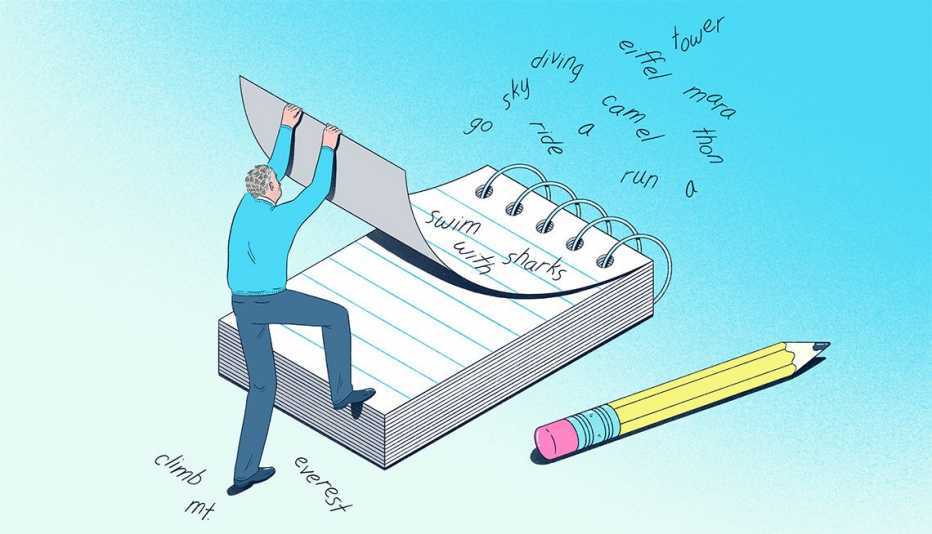 a man tearing pages off a notebook he wrote his bucket list in