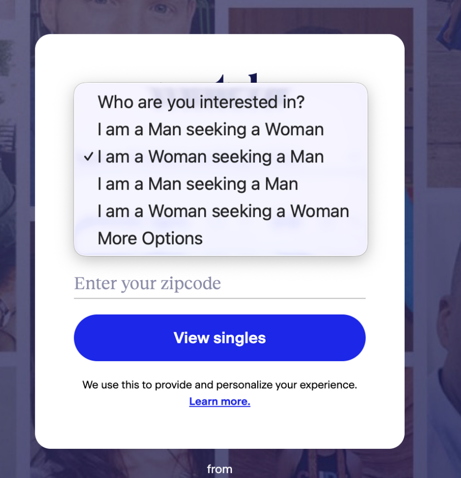 One of the sign-up screens for Match.com