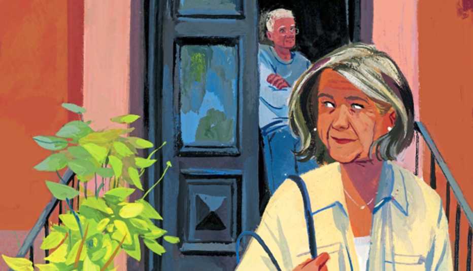woman leaving a house with a man standing in the doorway