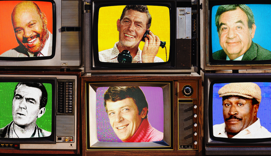 Antique television sets showing a variety of dads from various shows