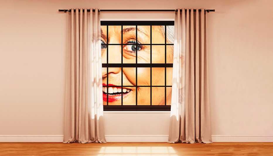 a close up of a mom looking in through a window