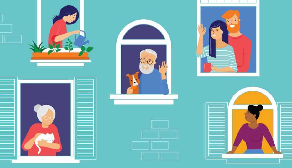 cartoon of neighbors in a large building who are all at their windows waving and talking an interacting with one another