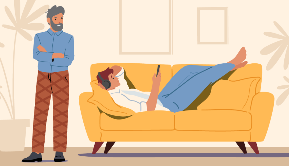 an adult looking with disapproval at their college kid listening to music and playing with their phone on the couch an adult looking with disapproval at their college kid listening to music and playing with their phone on the couch