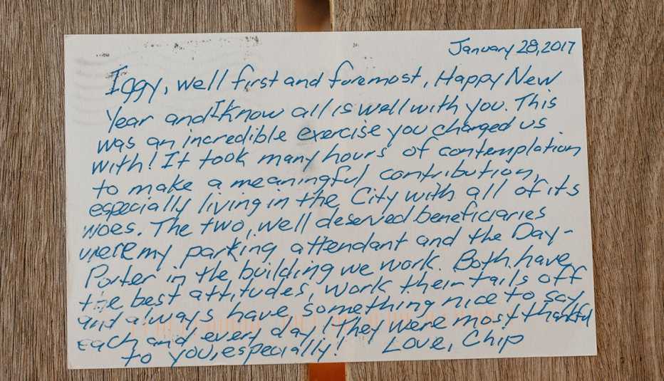 Photograph of a letter Peggy received thanking her for the money she gave away for her 80th birthday