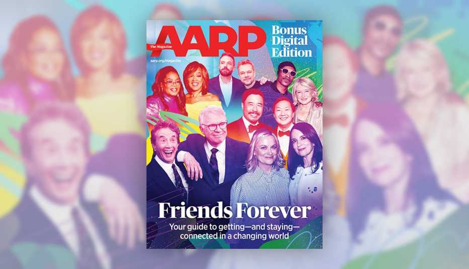 Several pairs of celebrity friends are shown in a graphic illustration on the cover of a a r p the magazine