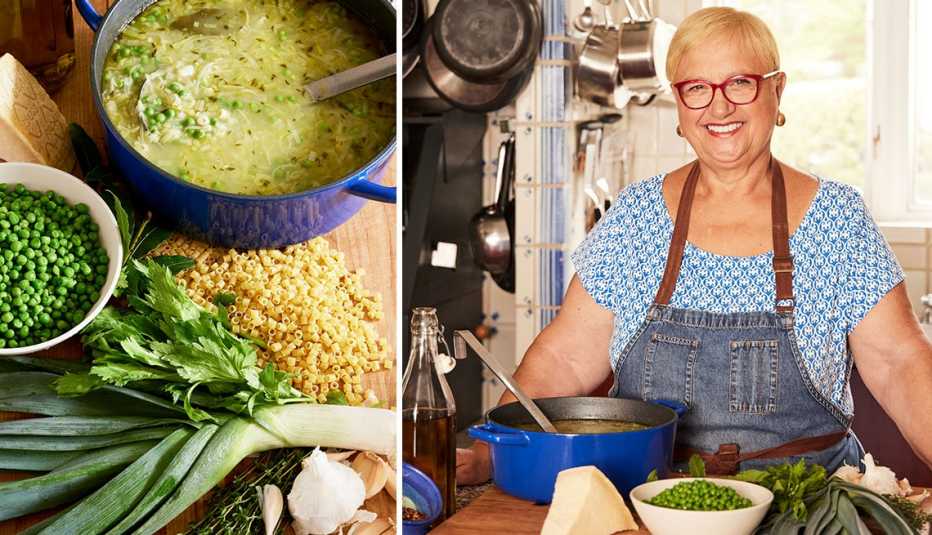 left a soup with onions leeks and peas right chef lidia bastianich