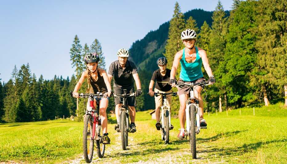family of four biking