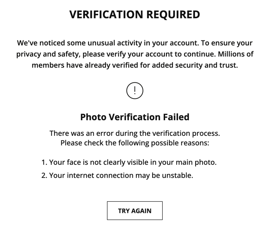 The Verification Required page on SeniorMatch
