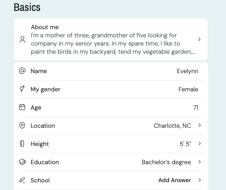 Basic profile page in SilverSingles