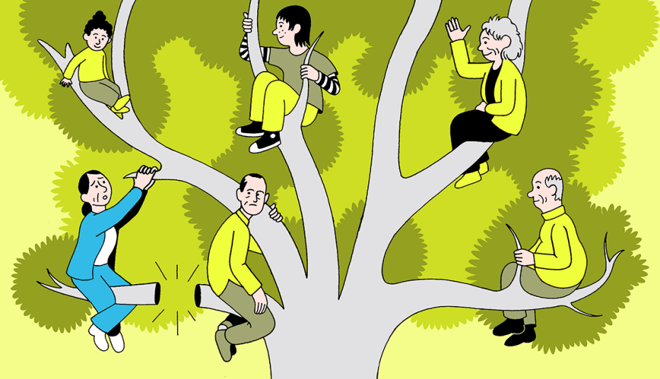 a woman holding onto a family tree when her branch has been cut off a woman holding onto a family tree when her branch has been cut off