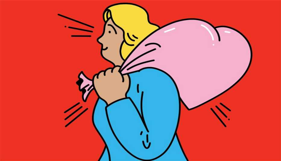 illustration of woman holding bag of trash that's in shape of heart