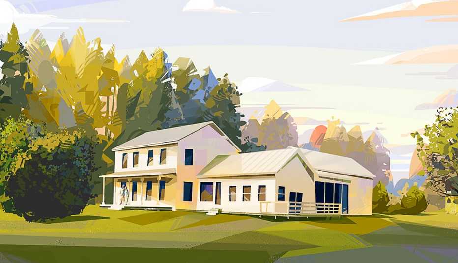 Illustration of a white home surrounded by trees