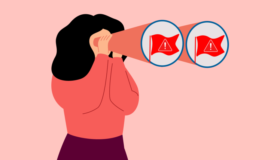 Graphic of a woman looking through binnoculars and seeing warning signs