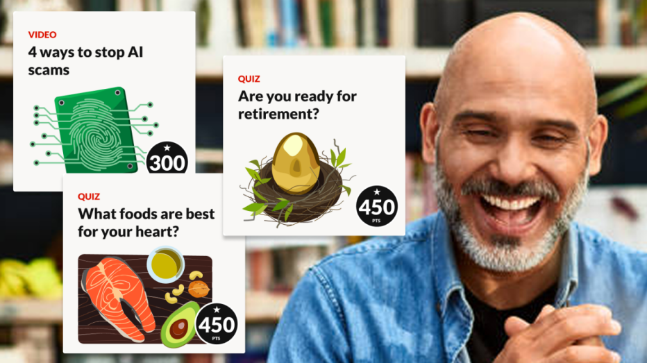 man smiling and looking at a laptop with example learn activiites on the left side of the image