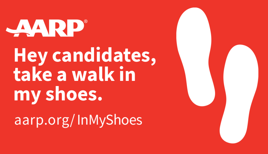 outline of footsteps with the words A A R P hey candidates take a walk in my shoes