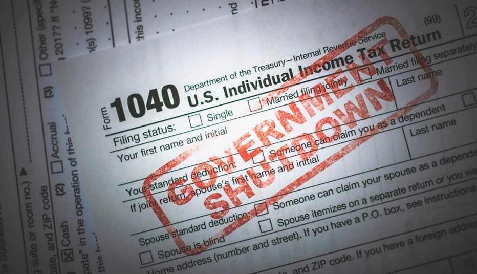 IRS 1040 tax form with the words "Government Shutdown"