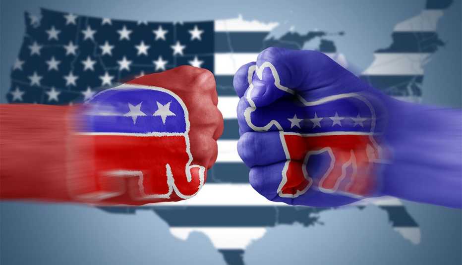 red and blue fists in front of an american flag