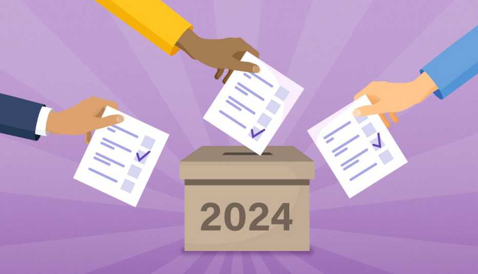 three hands putting ballots in a box marked twenty twenty four