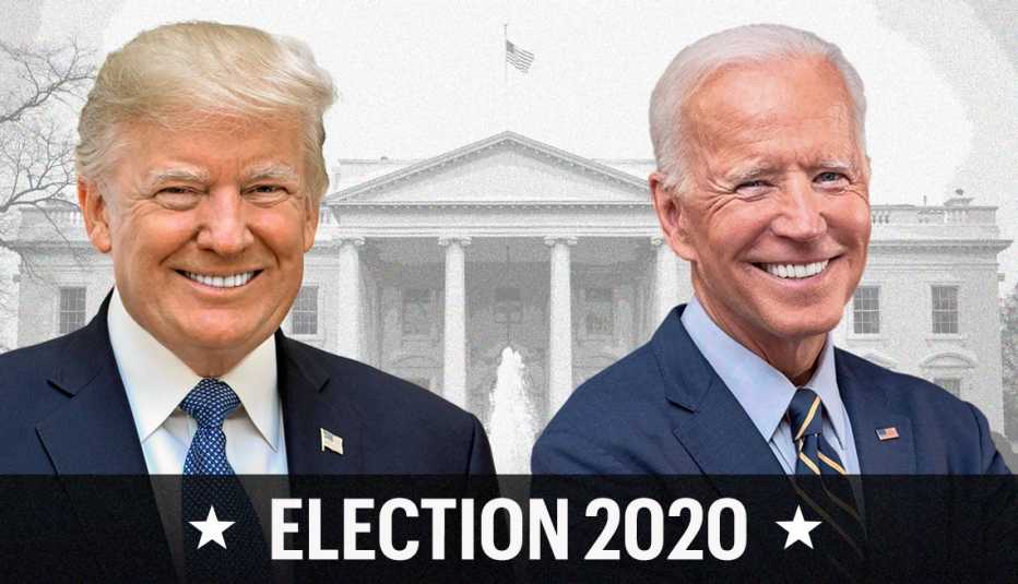 photographics of presidential candidates donald trump and joe biden collaged with the white house in the background