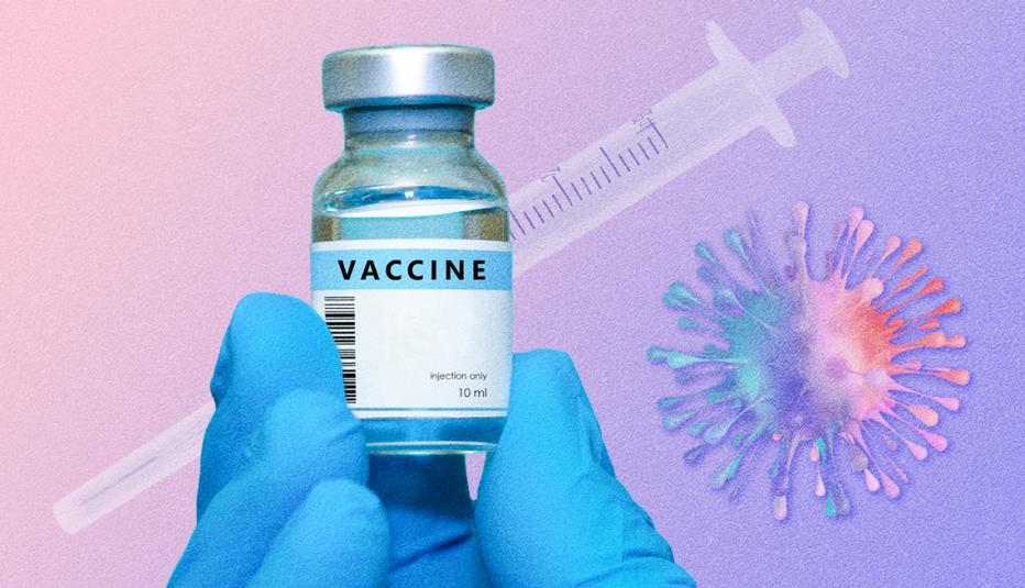 gloved hand holding a vaccine vial with a syringe in the background