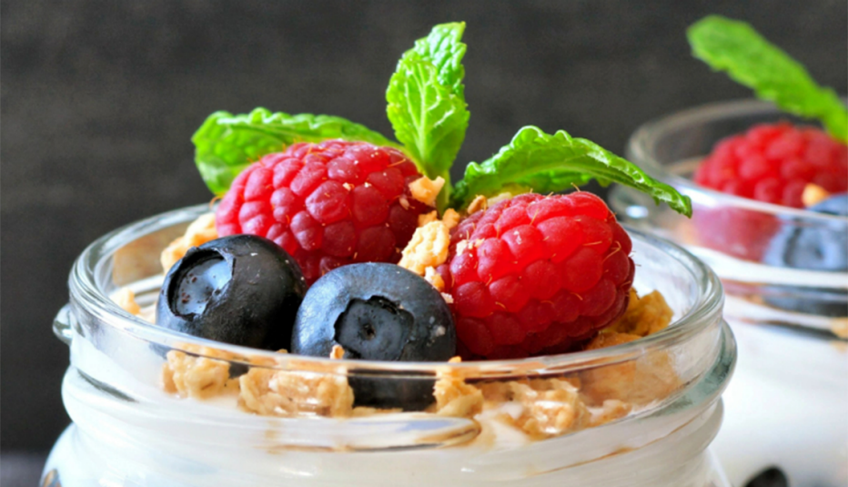 A close-up view of a Greek yogurt fruit parfait