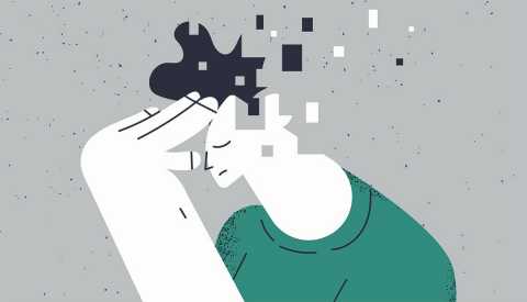 abstract illustration of a person holding their hand to their forehead while the back of their head flies away in pieces