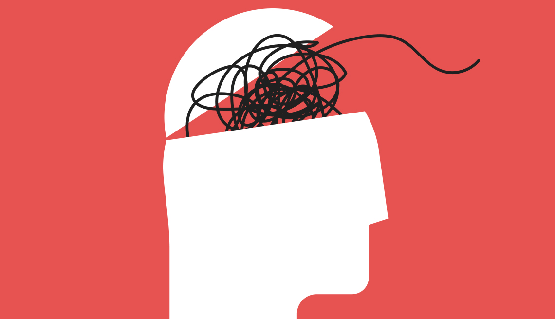 illustration of human head silhouette with messy lines of thoughts popping out