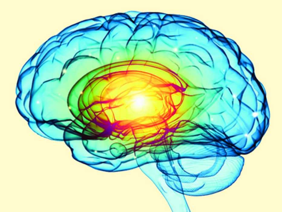 image of brain glowing from within and in spots lit up by a fluid test