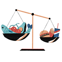 illustration of a scale showing that a smaller amount of junk food outweighs a larger amount of healthy food