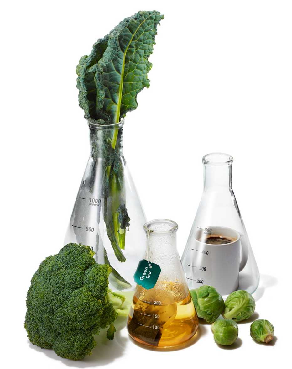 kale brussels sprouts broccoli green tea and coffee are placed inside and around scientific beakers and flasks to symbolize research