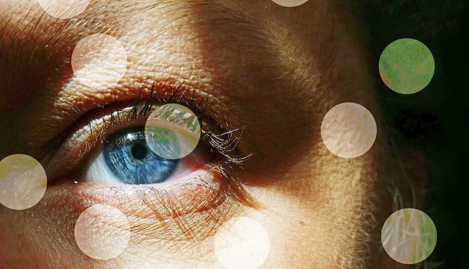 closeup of a persons blue eye with floating transparent spots clouding our vision 