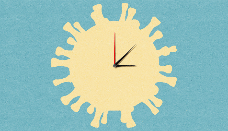 clock face shaped as a covid nineteen germ with clock hands