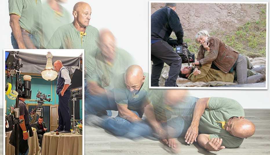 Stuntman Stuart F. Wilson, 61 showing how to fall; left inset, Stuart on set; right inset, stuntman Thomas DuPont, 52 filming a fight scene