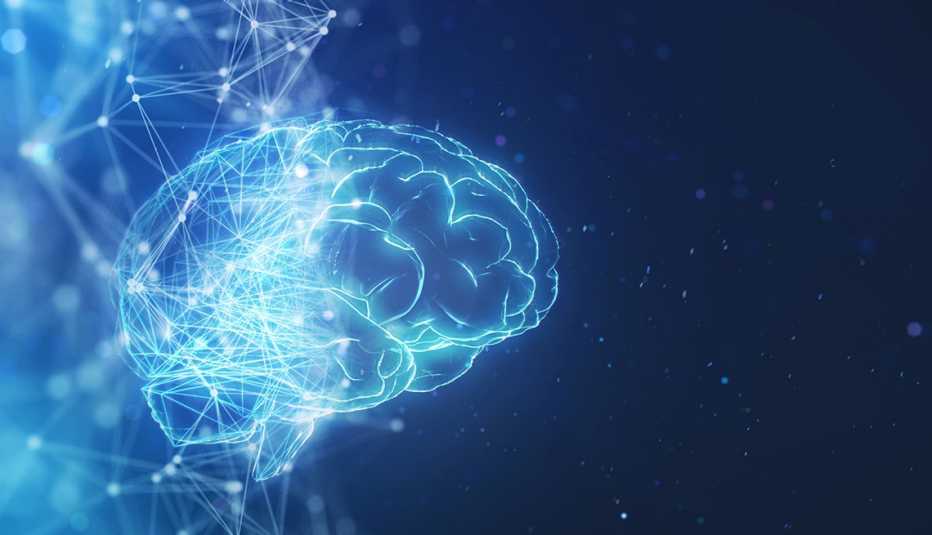 illustration of a neon abstract AI brain and neural network on a dark blue background