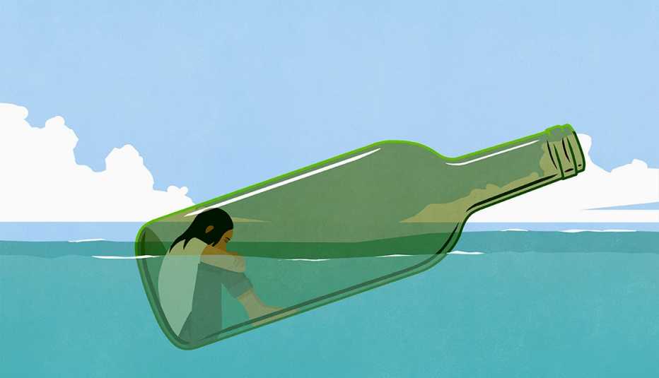 sad person sitting trapped inside a bottle floating in water