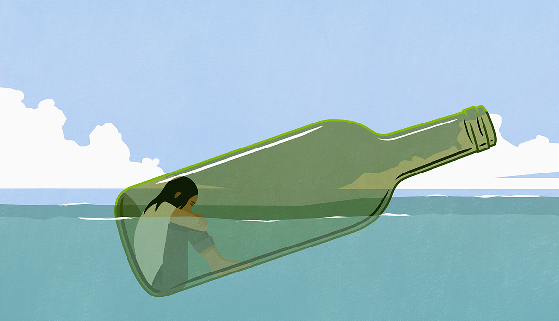 sad person sitting trapped inside a bottle floating in water