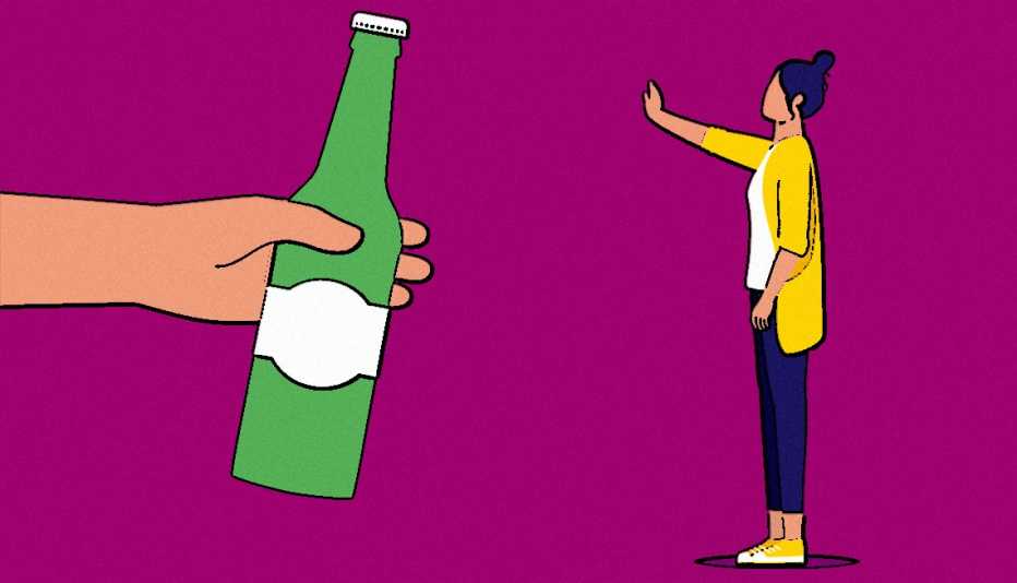 hand proffering a bottle of beer and woman saying no and putting up her hand to stop