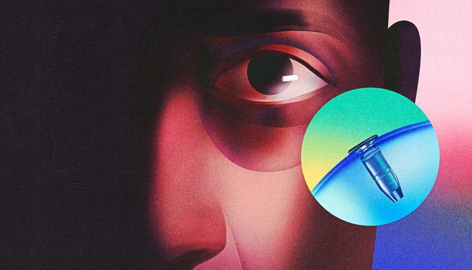 rendering of a face with eye closeup. and an inset showing how a visionsaving drug would be released via a tiny implant.