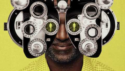photo illustration of a mans head close up partially hidden by an eye exam machine
