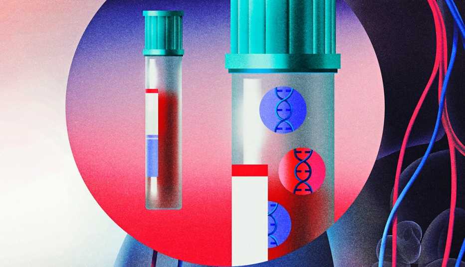 illustration of blood vessels and an inset of a test tube showing that Lab work can identify DNA shed by malignant tumors. 