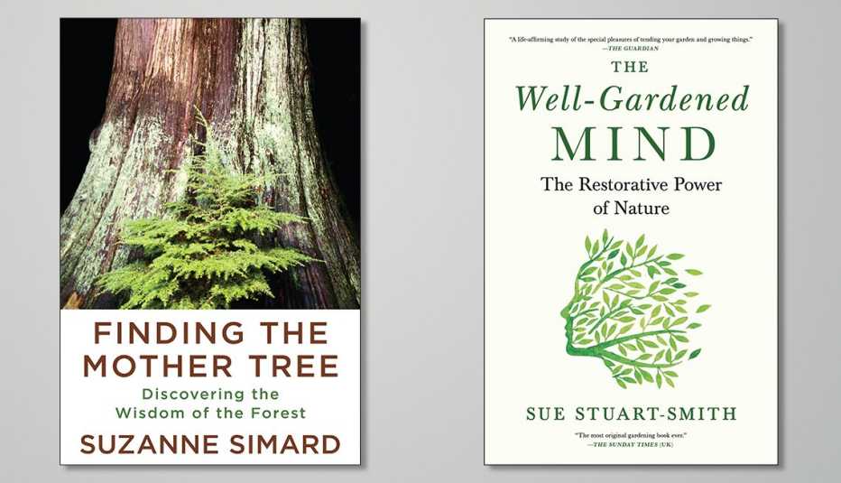 two book covers. one titled finding the mother tree discovering the wisdom of the forest and other titled the well gardened mind the restorative power of nature