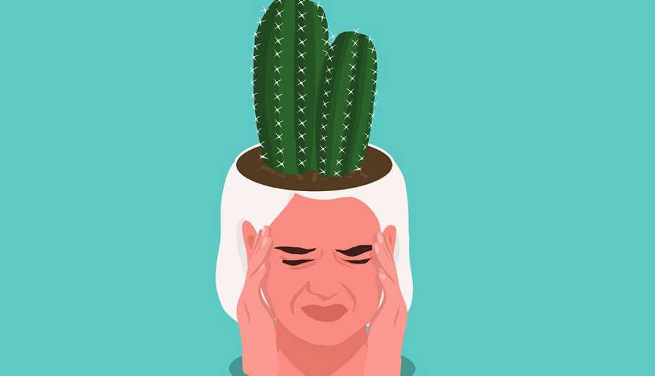 An illustration of a woman with her hands on her temples and a cactus coming out of her head