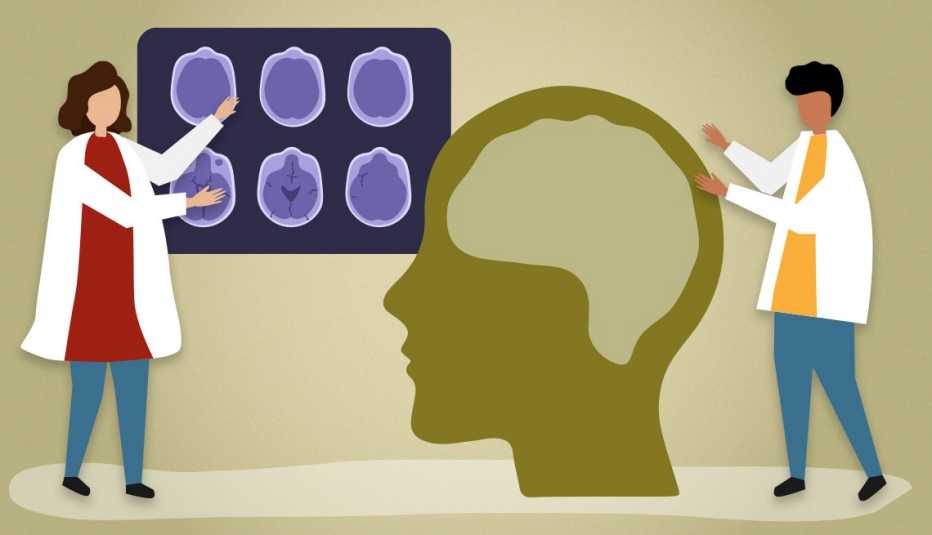 Two doctors studying a brain and brain scans for Alzheimers