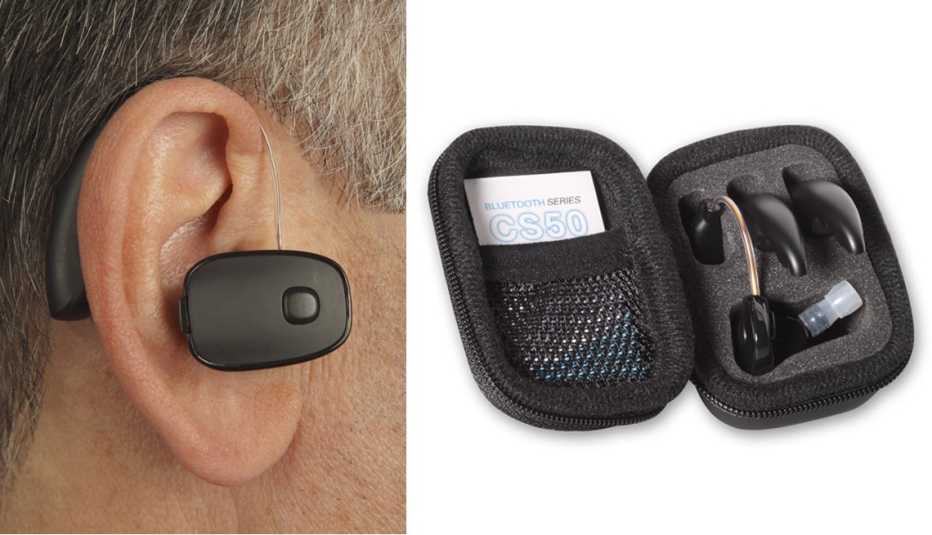 the sound world solutions c s 50 hearable as shown with someone wearing it and in its case the sound world solutions c s 50 hearable as shown with someone wearing it and in its case