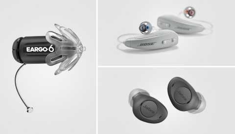 three different brands of over the counter hearing aids