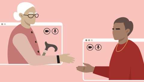 2 Women Shaking Hands through Laptop Screens Illustration Against Pink Background