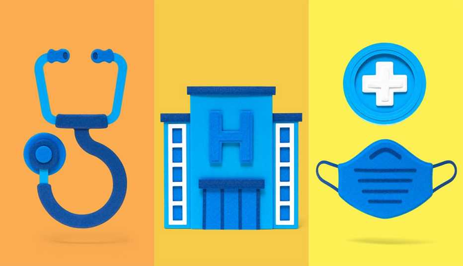 a stethoscope a hospital and a surgeon mask to show providers