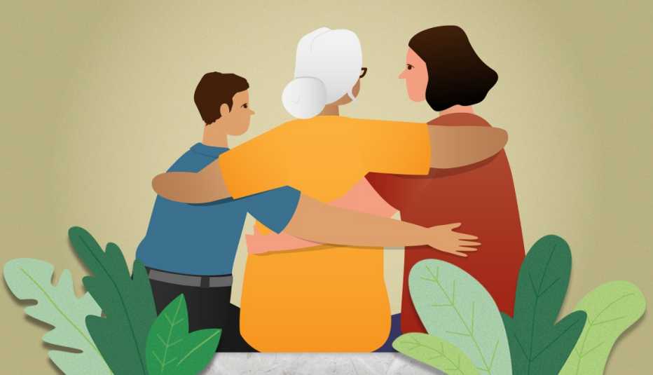 A multi-generational family of grandmother, mother, and son all embrace